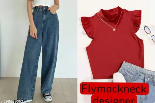 STYLISH DENIM JEANS + DESIGNER FRILL TOP COMBO               TOP SIZE IS FREE(28/34)      JEANS SIZE WAIST KE ACCORDING