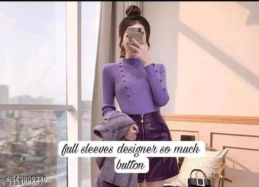 Jkp Collection India Women's & Girl's Casual Top For Ribbed Pattern Round Neck Full Sleeve Regular Fit Top In Color Purple