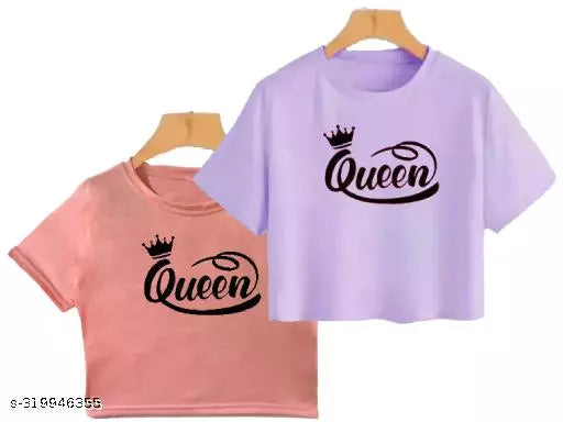 Trendy Feminine Printed Crop Tshirt Round Neck Top For Womens (Combo2)