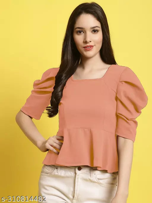 Women Square Neck Puff Sleeves Peplum Top (Women Top | Women Tops | Top)