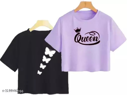 Trendy Feminine Printed Crop Tshirt Round Neck Top For Womens (Combo2)