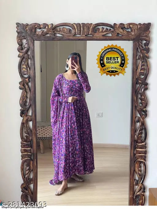 women printed long gown with dupatta