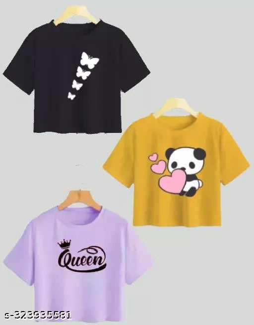 Trendy Feminine Printed Crop Tshirt Round Neck Top For Womens (Combo3)
