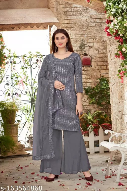 Women's Faux Georgette Sequence Embroidery Work Unstitched Top With Full Stitched Sharara and dupatta
