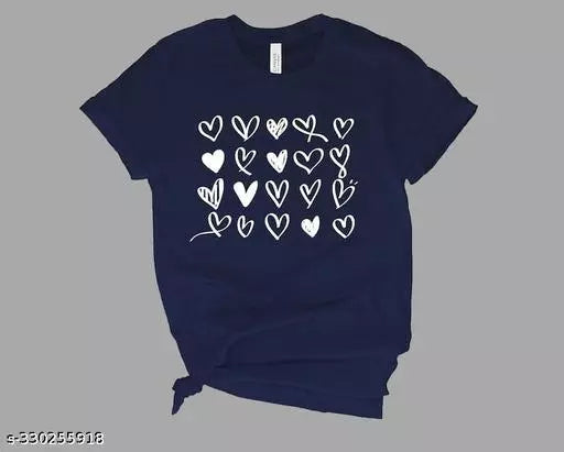 Vivient Women Nave Blue White Small Hearts Printed Cotton Blend Top
