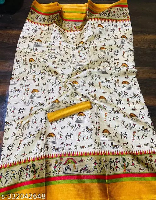 WARLI PRINTED KHADI SILK BLENDED LIGHT WEIGHT COMFERTABLE WEAR DESIGNER SAREE WITH BLOUSE