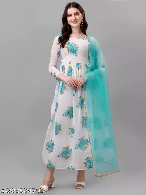 QVAZOR Stylish Fancy Trendy Printed Georgette Gown For Women For Party Wedding Festival Functions