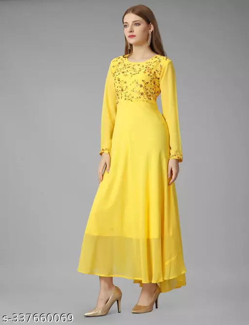 Exquisite Georgette Long Dress - Elegant Party Wear yellow Gown for Women and Ladies