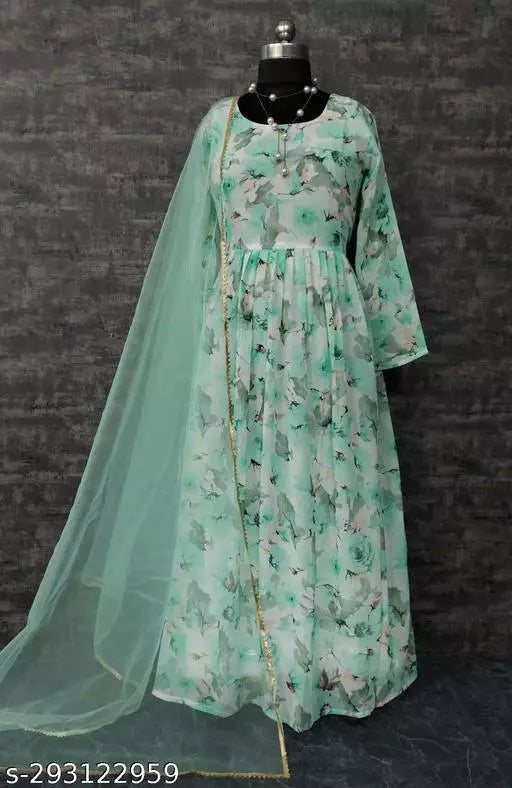 QVAZOR Stylish Fancy Trendy Printed Georgette Gown For Women For Party Wedding Festival Functions