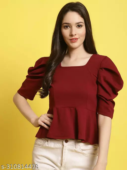 Women Square Neck Puff Sleeves Peplum Top (Women Top | Women Tops | Top)