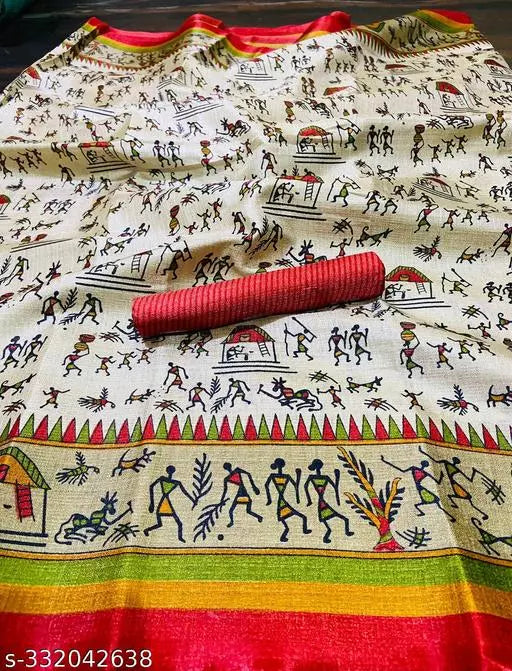 WARLI PRINTED KHADI SILK BLENDED LIGHT WEIGHT COMFERTABLE WEAR DESIGNER SAREE WITH BLOUSE