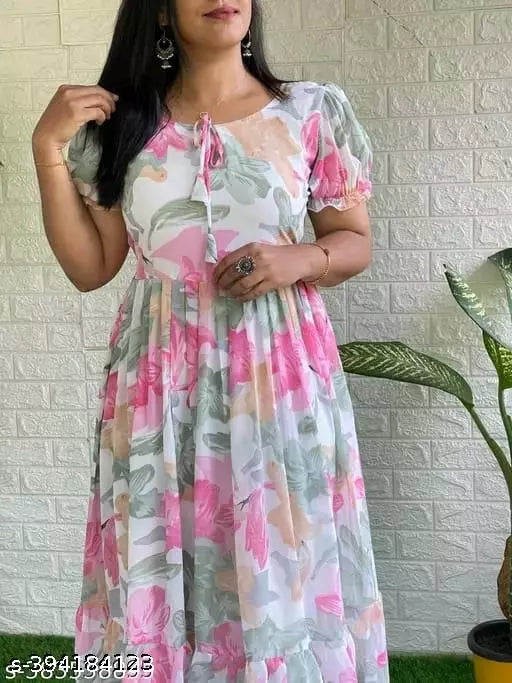 STYLISH GEARGETTE FABRIC LONG PLATTING DRESSS