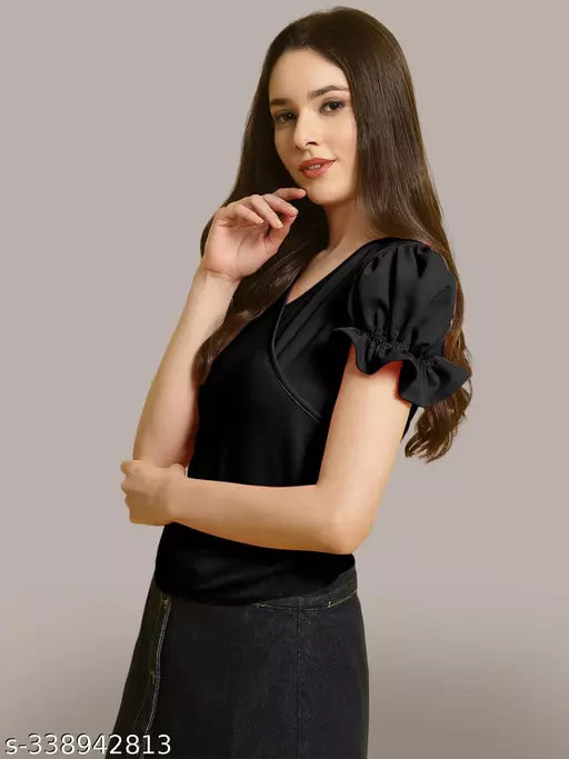 Women Black Solid Puff Sleeve Wrap Top (Women Top | Women Tops | Top)