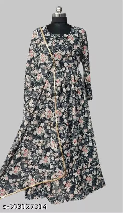 QVAZOR Stylish Fancy Trendy Printed Georgette Gown For Women For Party Wedding Festival Functions