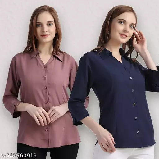 Trendy Women Regular Fit Solid Spread Collar Casual Shirt(Pack Of 2)