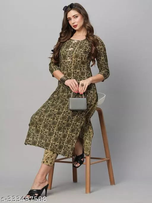 Anni Designer Women's Mehandi Coloured Cotton Blend Printed Straight Kurta With Trousers