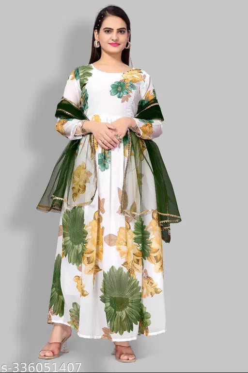 QVAZOR Stylish Fancy Trendy Printed Georgette Gown For Women For Party Wedding Festival Functions