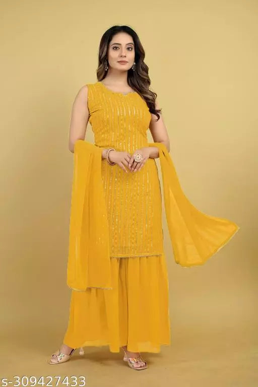 Women Faux Georgette With Embrodery Seqance Work Kurta With Sharara And Dupatta Stiched