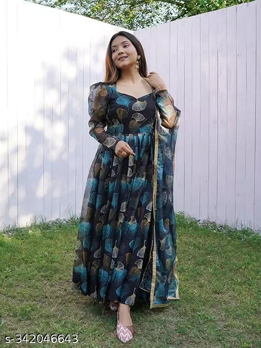 QVAZOR Stylish Fancy Trendy Printed Georgette Gown For Women For Party Wedding Festival Functions