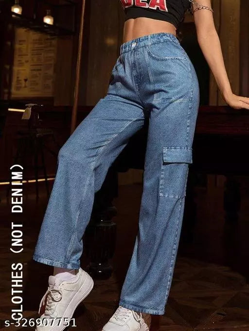 WOMEN LATEST CARGO TROUSERS | SOLID HIGH-RISE CARGO JEANS | 6 POCKET WIDE LEG DENIMS | 80'S ROCKER-CHIC INSPIRED CARGO PANTS | SIT ABOVE | NON-STRETCH FIT WITH A WIDE LEG | SPORTY LOOK LOOSE FIT DENIMS