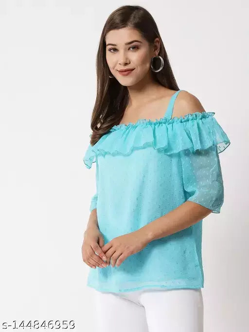 Vivient Woman Sky Blue Doted Shoulder Strap Top