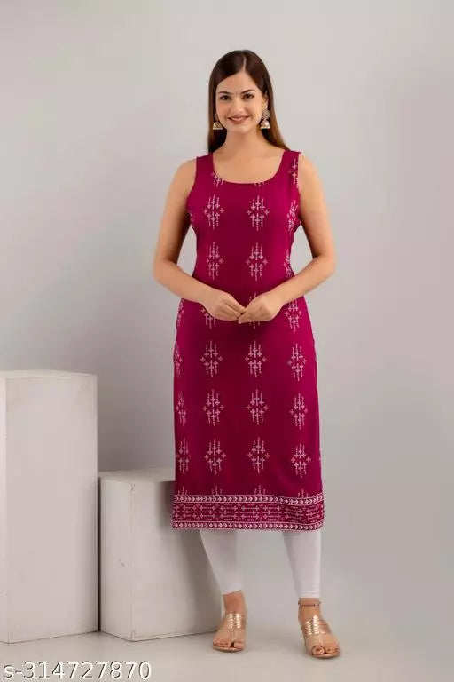 Women Rayon Printed Straight Sleeveless Kurta/Kurti
