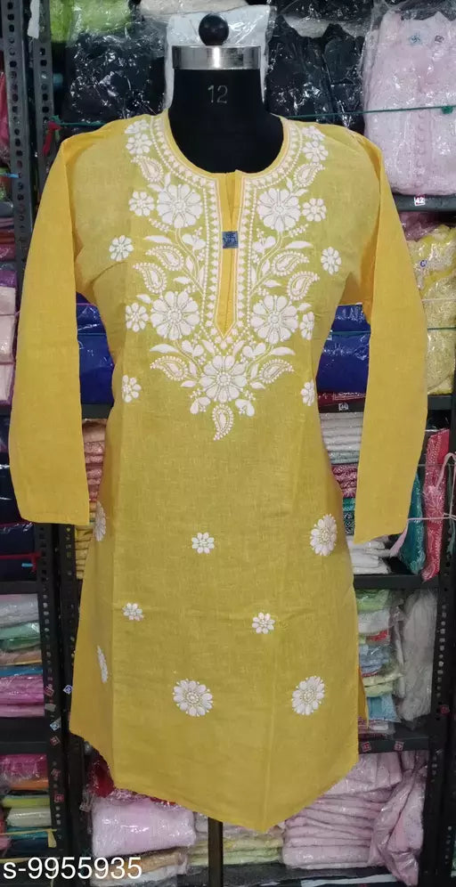 Lucknowi Chikankari Embroiderd Jute Cotton Gol Boota kurti.