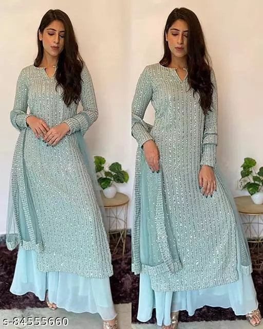 NV DESIGNER Women's Faux Georgette Seqance Embrodrey Work Unstiched Top With Full Stiched Sharara and dupatta