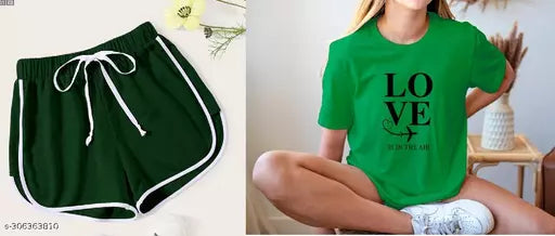 Vivient Women Green Shorts and Green Love Printed T-Shirt Combo
