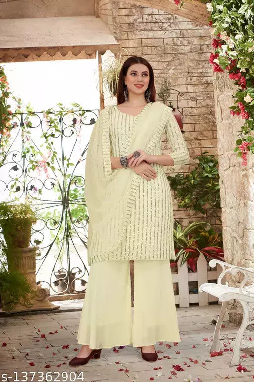 Women's Faux Georgette Sequence Embroidery Work Unstitched Top With Full Stitched Sharara and dupatta