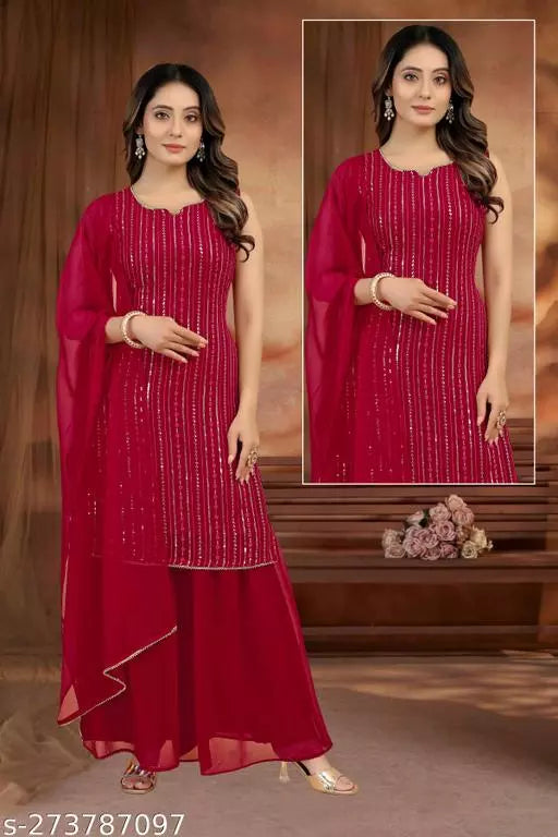 Women Faux Georgette With Embrodery Seqance Work Kurta With Sharara And Dupatta Stiched