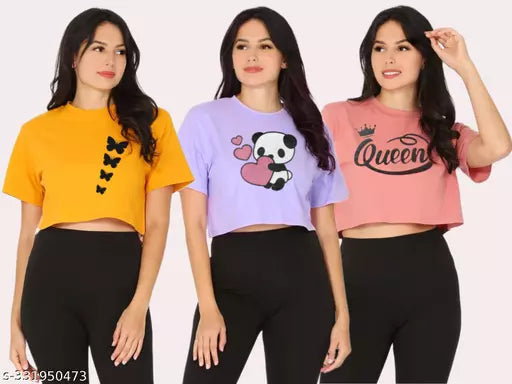 Trendy Feminine Printed Crop Top Round Neck Top For Womens (Pack Of 3