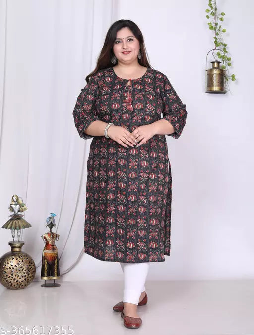 Women Plus Size Floral Print Pure Cotton Straight Kurta