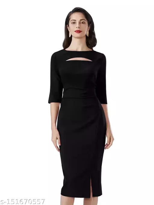 Half Sleeve One Piece Black Dress For Woman