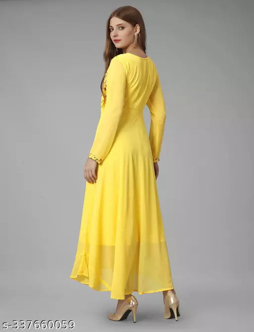 Exquisite Georgette Long Dress - Elegant Party Wear yellow Gown for Women and Ladies