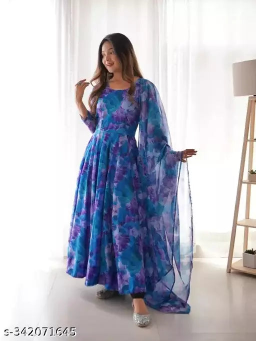 QVAZOR Stylish Fancy Trendy Printed Georgette Gown For Women For Party Wedding Festival Functions