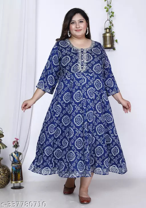 Swasti Plus Size Embroidered Women Bandhani Print Cotton Blend Gown  Ethnic Dress