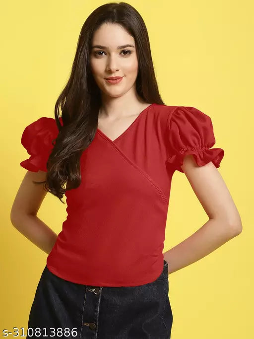 Women Red Solid Puff Sleeve Wrap Top (Women Top | Women Tops | Top)
