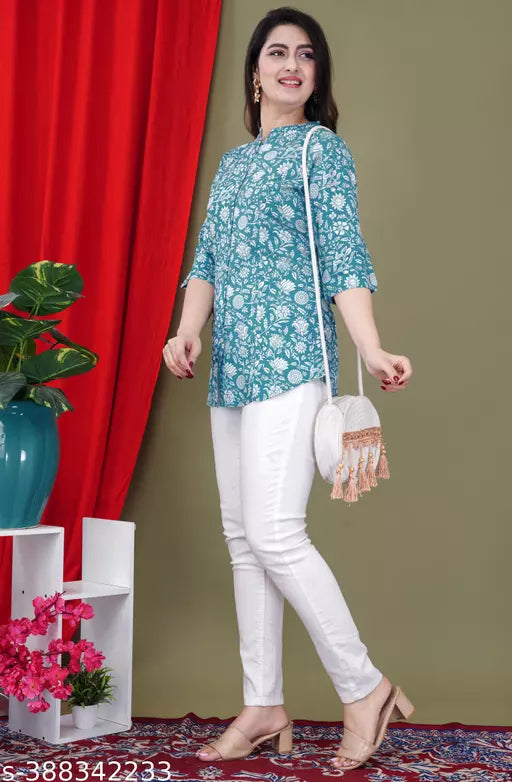 Womens fashion Floral Printed attractive Navy Blue Red flower Rayon Top top shirt style top for women with three quarter sleeves western top for women and girls Cotton/Rayon top  Top  Top for summer for women  top on jeans  top n tunic