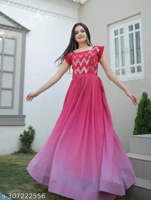 Women's Two-Tone Fabric Square Neck Embroidery Sequence Work Kurti/Dress.