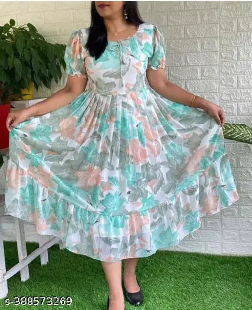 JKP COLLECTION Women & Girl Casual  Floral Printed  Georgrtte Fabric In Color Green