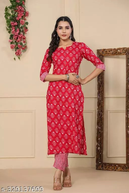 Anni Designer Women's Cotton Blend Pink Ethnic Motifs Printed Kurta with Trouser