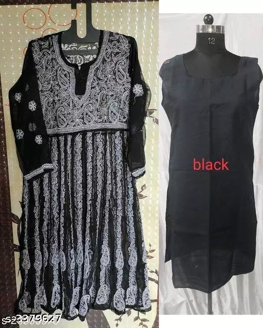 Handwork Chikankari Chiffon Anarkali kurti With Inner.