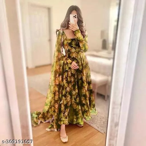 QVAZOR Stylish Fancy Trendy Printed Georgette Gown For Women For Party Wedding Festival Functions