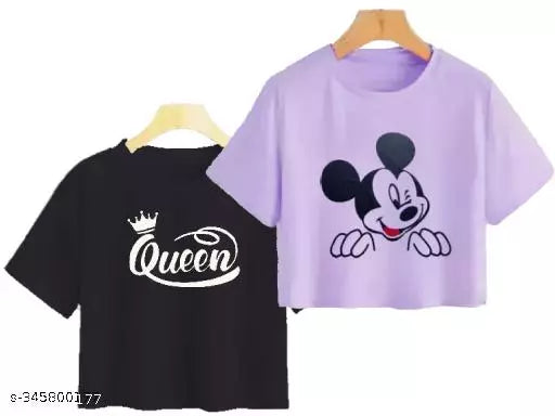 Trendy Feminine Printed Crop Tshirt Round Neck Top For Womens