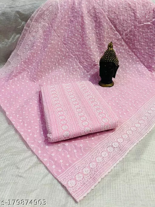 Women's Pink Floral Chikankari Cotton Suits & Dress Materials