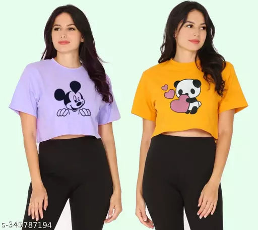 Trendy Feminine Printed Crop Tshirt Round Neck Top For Womens