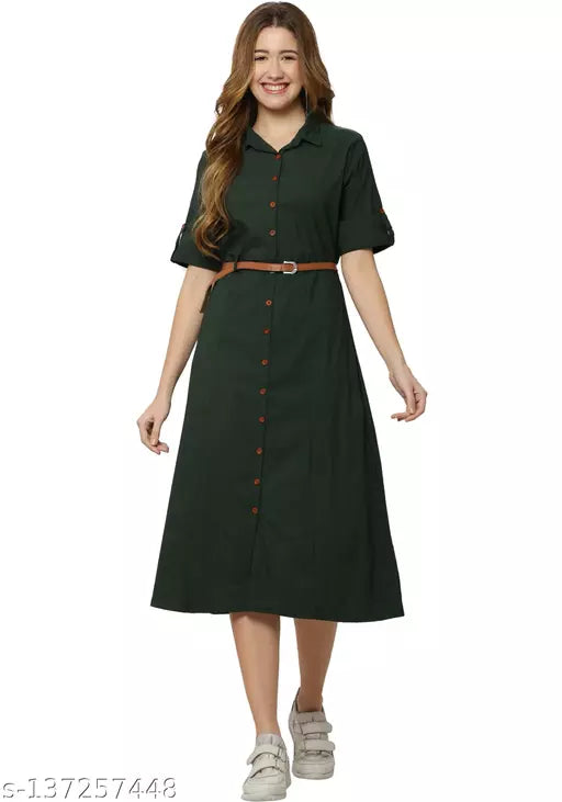 I.T FASHION Solid Women Collared Neck Green T-Shirt () Dresses