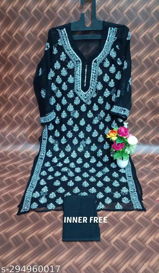 Mirror work Booty Jaal Chikankari Handwork Kurti with Inner.