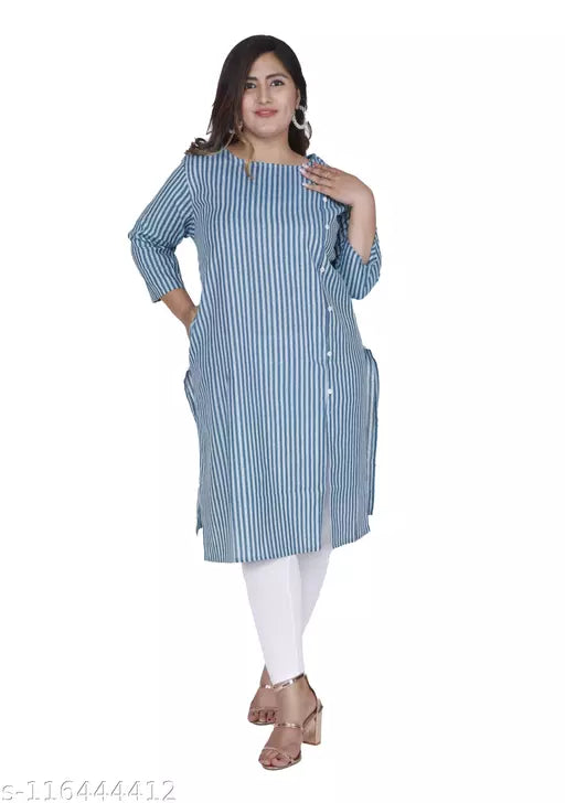 Shritikas Designer Blue Stripes Straight Cotton Plus Size Kurti For Women 